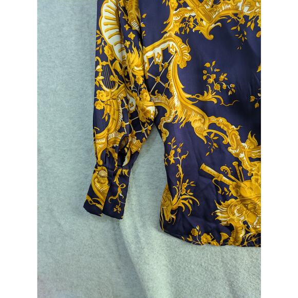 Crisca Tunic Blouse Women 34 Baroque Print 100% Silk Long Sleeve Flowy Navy Gold - Picture 13 of 16
